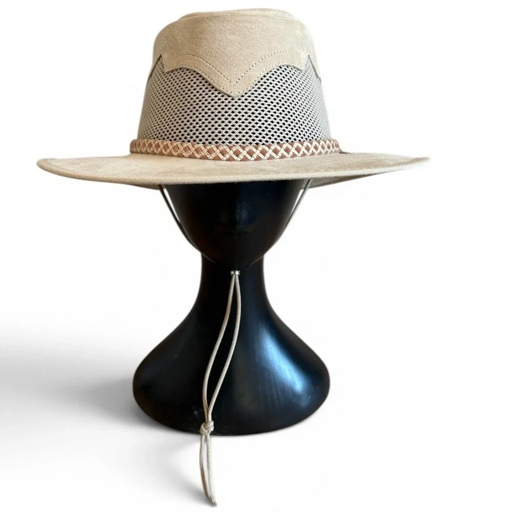 ArizonaHatLadies Tan Suede‎ Mesh Safari Sun Hat Wide Brim XL Made in USA Unisex